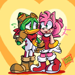Size: 1280x1280 | Tagged: safe, artist:tomaturtles, amy rose, speedy, hedgehog, 2019, amy x speedy, amybetes, bandana, blushing, bodysuit, boots, clothes, crack shipping, cute, dress, duo, female, goggles, heart, holding hands, kukku, looking at each other, male, mouth open, open smile, shipping, shy, signature, smile, speedybetes, standing, straight