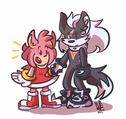 Size: 1280x1203 | Tagged: safe, artist:tomaturtles, amy rose, infinite the jackal, hedgehog, jackal, 2017, amybetes, cute, duo, ear fluff, female, friendship, frown, holding hands, infinibetes, male, mouth open, neck fluff, open smile, scar, shadow (lighting), signature, simple background, smile, white background
