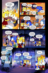 Size: 1263x1928 | Tagged: safe, artist:drawloverlala, bernadette hedgehog, dodon pa, jules hedgehog, miles "tails" prower, sonic the hedgehog, uncle chuck, zooey the fox, fox, hedgehog, hybrid, comic:sonic world travel, green hill zone, blue power pattern, cowboy outfit, cowgirl outfit, death chamber, fog, halloween, kitsune, roboticized, tanuki, yellow power pattern