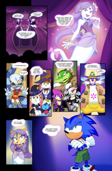 Size: 1263x1928 | Tagged: safe, artist:drawloverlala, big the cat, charmy bee, cheese (chao), cream the rabbit, espio the chameleon, froggy, lah, sally acorn, sonic the hedgehog, tangle the lemur, vanilla the rabbit, vector the crocodile, bee, cat, chao, chipmunk, crocodile, frog, hedgehog, lemur, rabbit, zeti, comic:sonic world travel, blue power pattern, chameleon, crowd, cyan power pattern, dark chao, death chamber, four arms, frankenstein, ghost, goddess, green power pattern, halloween, mummy outfit, other power patterns, pink power pattern, spotlight, su, superhero outfit, uh, witch outfit, yellow power pattern