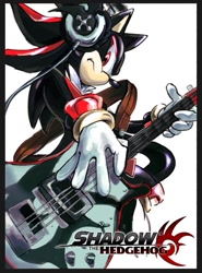 Size: 735x993 | Tagged: safe, artist:cristiaanmihaii, shadow the hedgehog, hedgehog, 2026, border, frown, guitar, headphones, holding something, looking at viewer, male, musical instrument, shadow the hedgehog (video game), shadow's logo, simple background, solo, white background, wire