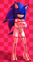 Size: 1072x1994 | Tagged: safe, artist:shadisfaction, sonic the hedgehog, hedgehog, 2018, belly button, bodysuit, boots, checkered background, clothes, ear fluff, eyelashes, female, gender swap, hands together, lidded eyes, lineless, looking at viewer, signature, smile, smiling at viewer, solo, standing, thigh high boots, watermark