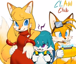 Size: 1924x1610 | Tagged: safe, artist:gabbie6543mimic, kit the fennec, miles "tails" prower, zooey the fox, fox, 2025, :3, arm rest, blushing, claws, clothes, dress, english text, female, fennec, frown, fur markings, goggles, hand on hip, holding something, leaning on them, lidded eyes, looking at something, looking at them, looking at viewer, male, miles electric, mouth open, one eye closed, one fang, pawpads, simple background, smile, standing, text, trio, white background
