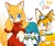Size: 1924x1610 | Tagged: safe, artist:gabbie6543mimic, kit the fennec, miles "tails" prower, zooey the fox, fox, 2025, :3, arm rest, blushing, claws, clothes, dress, english text, female, fennec, frown, fur markings, goggles, hand on hip, holding something, leaning on them, lidded eyes, looking at something, looking at them, looking at viewer, male, miles electric, mouth open, one eye closed, one fang, pawpads, simple background, smile, standing, text, trio, white background