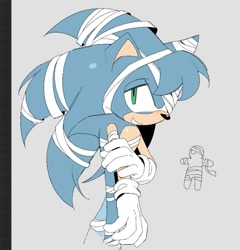 Size: 837x872 | Tagged: safe, artist:kongguuuu, sonic the hedgehog, hedgehog, 2026, grey background, halloween, halloween outfit, hand on arm, lidded eyes, looking at viewer, male, mummy outfit, simple background, smile, solo, wraps