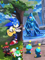 Size: 1536x2048 | Tagged: safe, artist:maymango_2244, chaos, sonic the hedgehog, chao, hedgehog, sonic adventure, 2025, daytime, grass, group, guitar, holding something, looking at them, male, maracas, neutral chao, outdoors, playing music, shadow chao, smile, standing, tree, water