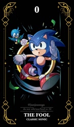 Size: 700x1200 | Tagged: safe, artist:junjousega, flicky, sonic the hedgehog, bird, series:tarot (junjousega), 2026, black background, character name, classic sonic, classic sonic (universe), duo, english text, flower, literal animal, mouth open, ring, running, simple background, tarot
