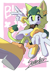 Size: 800x1131 | Tagged: safe, artist:secretter_zgwl, oc, oc:bloom the cat, cat, border, character name, commission, double v sign, dress, female, green fur, looking at viewer, oc only, pink background, purple eyes, signature, simple background, smile, solo, white border