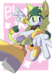 Size: 800x1131 | Tagged: safe, artist:secretter_zgwl, oc, oc:bloom the cat, cat, alternate version, border, character name, commission, double v, dress, female, green fur, looking at viewer, oc only, pink background, purple eyes, simple background, smile, solo, white border