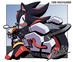 Size: 800x676 | Tagged: safe, artist:secretter_zgwl, shadow the hedgehog, hedgehog, border, charm, commission, english text, gradient background, kuromi, looking at viewer, male, motorcycle, onegai my melody, sanrio, signature, sitting, solo, vehicle, white border