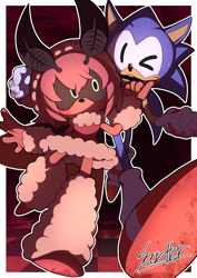 Size: 800x1131 | Tagged: safe, artist:secretter_zgwl, sonic the hedgehog, oc, oc:rewrite sonic, hedgehog, blushing, border, commission, duo, female, looking at viewer, male, moth, oc only, one eye closed, signature, walking, white border