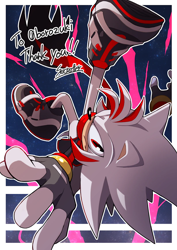 Size: 800x1131 | Tagged: safe, artist:secretter_zgwl, oc, 2026, border, commission, english text, fingerless gloves, frown, grey fur, looking at viewer, male, oc only, red eyes, shoes, signature, solo, white border, white outline