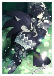 Size: 800x1131 | Tagged: safe, artist:secretter_zgwl, sonic the hedgehog, oc, oc:2017x, oc:sonic.exe, hedgehog, human, sonic the hedgehog (2006), bridal carry, carrying them, commission, dress, duo, female, grin, male, oc only, outdoors, signature, smile, tree