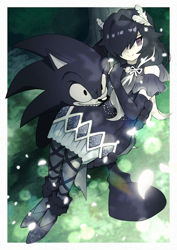 Size: 800x1131 | Tagged: safe, artist:secretter_zgwl, sonic the hedgehog, oc, oc:2017x, oc:sonic.exe, hedgehog, human, sonic the hedgehog (2006), alternate version, bridal carry, carrying them, commission, dress, duo, female, grin, male, oc only, outdoors, signature, smile, tree