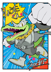 Size: 800x1131 | Tagged: safe, artist:secretter_zgwl, vector the crocodile, crocodile, alternate outfit, alternate shoes, blue background, border, cape, clenched fists, commission, japanese text, looking at viewer, male, mouth open, running, signature, smile, solo, superhero outfit, white border