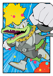 Size: 800x1131 | Tagged: safe, artist:secretter_zgwl, vector the crocodile, crocodile, alternate outfit, alternate shoes, alternate version, blue background, border, cape, clenched fists, commission, looking at viewer, male, mouth open, running, smile, solo, superhero outfit, white border