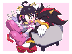 Size: 800x593 | Tagged: safe, artist:secretter_zgwl, shadow the hedgehog, oc, cat, hedgehog, alternate version, blushing, border, canon x oc, commission, duo, female, fingerless gloves, heterochromia, lidded eyes, looking at each other, looking at them, male, mouth open, pink background, shipping, simple background, sitting, sitting on lap, sitting on them, smile, straight, white border