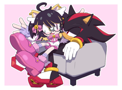 Size: 800x593 | Tagged: safe, artist:secretter_zgwl, shadow the hedgehog, oc, cat, hedgehog, alternate version, blushing, border, canon x oc, commission, duo, female, fingerless gloves, glasses, heterochromia, lidded eyes, looking at each other, looking at them, male, mouth open, pink background, shipping, simple background, sitting, sitting on lap, sitting on them, smile, straight, white border