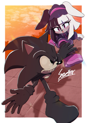 Size: 800x1131 | Tagged: safe, artist:secretter_zgwl, sonic the hedgehog, oc, oc:2017x, oc:sonic.exe, rabbit, blushing, border, chromatic aberration, commission, duo, female, grin, holding hands, looking at each other, looking at them, male, oc only, oc x oc, purple eyes, running, shipping, signature, smile, straight, white border