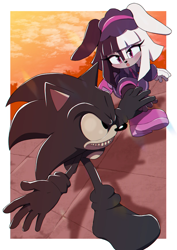 Size: 800x1131 | Tagged: safe, artist:secretter_zgwl, sonic the hedgehog, oc, oc:2017x, oc:sonic.exe, rabbit, alternate version, blushing, border, chromatic aberration, commission, duo, female, grin, holding hands, looking at each other, looking at them, male, oc only, oc x oc, purple eyes, running, shipping, smile, straight, white border