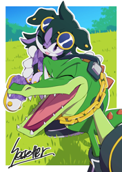 Size: 800x1131 | Tagged: safe, artist:secretter_zgwl, vector the crocodile, oc, crocodile, black fur, border, canon x oc, commission, daytime, duo, female, grass, looking at viewer, male, mouth open, outdoors, purple eyes, shipping, signature, smile, standing, straight, white border, wink