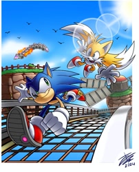 Size: 860x1062 | Tagged: safe, artist:sparckleth, miles "tails" prower, sonic the hedgehog, bird, fox, hedgehog, sonic adventure, 2024, abstract background, clouds, daytime, duo, fire, flying, literal animal, looking at each other, male, mouth open, open smile, outdoors, running, signature, smile, smiling at each other, sun, treads, windy valley