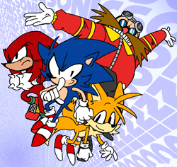Size: 699x660 | Tagged: safe, artist:blackrat820, knuckles the echidna, miles "tails" prower, robotnik, sonic the hedgehog, echidna, fox, hedgehog, human, 2024, character name, english text, eyewear on head, flat colors, frown, goggles, goggles on head, group, looking at viewer, looking offscreen, male, pointing, quartet, redesign, redraw, smile, smiling at viewer, sonic mega collection, team sonic, text