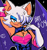Size: 1669x1782 | Tagged: safe, artist:vickl13, rouge the bat, oc, oc:rogue the bat (nikkikaji), bat, 2025, abs, alternate hairstyle, chest fluff, ear piercing, earring, english text, gender swap, hair over one eye, lidded eyes, looking at viewer, male, mouth open, one fang, open smile, outline, signature, smile, smiling at viewer, solo, sparkles, text