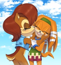 Size: 1898x2048 | Tagged: artist needed, source needed, safe, sally acorn, tikal, chipmunk, clouds, crack shipping, daytime, eyes closed, female, happy, holding them, kiss, kiss on cheek, lesbian, outdoors, sallabetes, sally x tikal, shipping, smile, standing, tikalbetes