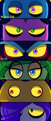Size: 849x2000 | Tagged: safe, artist:calicodarkia, master zik, zavok, zazz, zeena, zomom, zor, zeti, 2026, deadly six, eye clipping through hair, female, freckles, glowing eyes, group, hair over one eye, looking at viewer, male, sonic lost world, yellow sclera