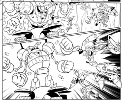 Size: 1054x868 | Tagged: safe, artist:thomas_rsvd, miles "tails" prower, rouge the bat, shadow the hedgehog, sonic the hedgehog, carrying them, comic, eyes closed, female, flying, greyscale, group, holding hands, idw sonic the hedgehog, line art, male, monochrome, official artwork, robot