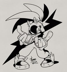 Size: 1897x2040 | Tagged: safe, artist:thomas_rsvd, surge the tenrec, tenrec, 2026, female, grey background, greyscale, looking at viewer, monochrome, ring (jewelry), signature, simple background, solo, standing