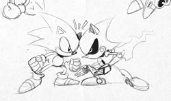 Size: 1118x659 | Tagged: safe, artist:thomas_rsvd, metal sonic, sonic the hedgehog, hedgehog, 2026, classic metal sonic, classic sonic, classic sonic (universe), clenched fists, duo, grey background, greyscale, head to head, looking at each other, looking at them, male, monochrome, robot, simple background, sketch, standing