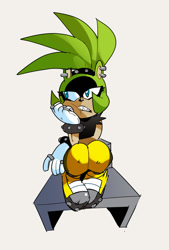 Size: 709x1049 | Tagged: safe, artist:thomas_rsvd, surge the tenrec, tenrec, 2025, female, grey background, head rest, idw sonic the hedgehog, looking offscreen, sharp teeth, simple background, sitting, solo
