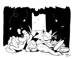 Size: 1091x853 | Tagged: safe, artist:thomas_rsvd, sonic the hedgehog, 2025, bone (series), crossover, eyes closed, greyscale, hands behind head, leaf, male, monochrome, outdoors, sitting, sleeping, tree, trio