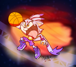 Size: 948x838 | Tagged: safe, artist:rustybcat, blaze the cat, cat, sonic rumble, alternate outfit, basketball, female, fire, jumping, solo