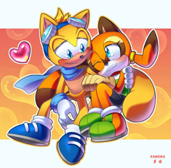 Size: 2000x1960 | Tagged: safe, artist:faniika, marine the raccoon, ray the flying squirrel, 2026, arm around shoulders, blushing, duo, female, heart, lidded eyes, looking at each other, male, marine x ray, one eye closed, outline, shipping, smile, smiling at each other, straight
