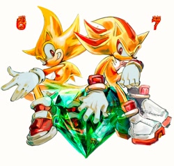 Size: 980x934 | Tagged: safe, artist:cristiaanmihaii, shadow the hedgehog, sonic the hedgehog, super shadow, super sonic, hedgehog, sonic adventure 2, 2026, 67, duo, frown, looking offscreen, male, master emerald, meme, simple background, sitting, smile, smiling at viewer, soap shoes, super form, white background