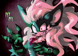 Size: 1069x773 | Tagged: safe, artist:ohposhers, infinite the jackal, jackal, 2026, claws, cute, dialogue, english text, eyelashes, gradient background, infinibetes, looking offscreen, male, neck fluff, phantom ruby, shrunken pupils, solo, text, too cute to be taken seriously