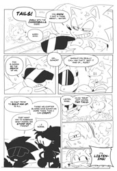 Size: 1369x2000 | Tagged: safe, artist:thomas_rsvd, amy rose, miles "tails" prower, sonic the hedgehog, fox, hedgehog, classic amy, classic sonic, classic sonic (universe), classic tails, comic, cross popping vein, english text, eyes closed, female, greyscale, lidded eyes, looking at them, lying down, male, monochrome, mouth open, speech bubble, sunglasses, swimming, trio, water, wet