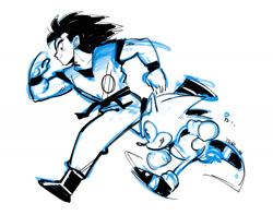 Size: 1537x1210 | Tagged: safe, artist:thomas_rsvd, sonic the hedgehog, hedgehog, human, 2020, classic sonic, classic sonic (universe), crossover, dragon ball, duo, looking at them, male, monochrome, running, simple background, sketch, smile, white background