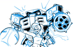 Size: 1317x849 | Tagged: safe, artist:thomas_rsvd, e-123 omega, human, crossover, dragon ball, duo, female, gun, holding something, monochrome, mushroom, robot, simple background, sketch, smile, weapon, white background
