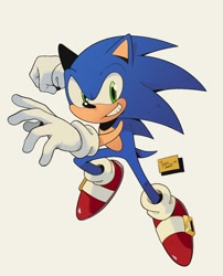 Size: 1090x1346 | Tagged: safe, artist:thomas_rsvd, sonic the hedgehog, hedgehog, 2025, 2026, clenched fist, grey background, grin, looking at viewer, male, signature, simple background, smile, solo