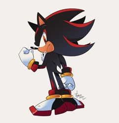 Size: 1778x1836 | Tagged: safe, artist:thomas_rsvd, shadow the hedgehog, hedgehog, 2025, clenched fists, from behind, frown, grey background, looking at viewer, male, simple background, solo, standing