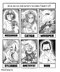 Size: 1675x2000 | Tagged: safe, artist:thomas_rsvd, whisper the wolf, human, wolf, blood, bob's burgers, character request, female, greyscale, group, idw sonic the hedgehog, injured, male, mega man, mega man (series), monochrome, six fanarts, sketch, steven universe (series), sword