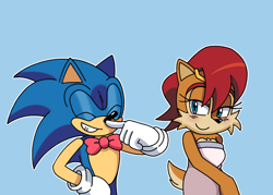 Size: 1648x1180 | Tagged: safe, artist:bannerniceman, sally acorn, sonic the hedgehog, chipmunk, hedgehog, 2026, blue background, blushing, bowtie, duo, eyes closed, female, grin, looking at each other, male, sally x sonic, shipping, simple background, smile, smiling at each other, standing, straight, tiara, wedding dress