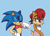 Size: 1648x1180 | Tagged: safe, artist:bannerniceman, sally acorn, sonic the hedgehog, chipmunk, hedgehog, 2026, archie sonic the hedgehog, blue background, blushing, bowtie, duo, eyes closed, female, grin, looking at each other, male, sally x sonic, shipping, simple background, smile, smiling at each other, standing, straight, tiara, wedding dress