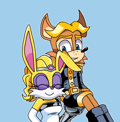 Size: 1438x1460 | Tagged: safe, artist:bannerniceman, antoine d'coolette, bunnie rabbot, coyote, rabbit, 2026, blue background, buntoine, carrying them, duo, eyes closed, female, looking at them, male, roboticized, shipping, simple background, sitting, smile, smiling at them, standing, straight, tiara, wedding dress