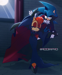 Size: 2011x2416 | Tagged: safe, artist:risziarts, sally acorn, sonic the hedgehog, chipmunk, hedgehog, 2026, alternate outfit, artist name, cape, clothes, dancing, dress, duo, ear piercing, english text, eyes closed, female, floating, halloween, indoors, jewelry, male, moon, nighttime, piercing, sally x sonic, shipping, star (sky), straight, window