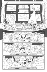 Size: 1317x2000 | Tagged: safe, artist:thomas_rsvd, bark the polar bear, bean the dynamite, nack the weasel, classic sonic (universe), comic, greyscale, hat, idw sonic the hedgehog, line art, male, monochrome, official artwork, standing, team hooligan, trio, water